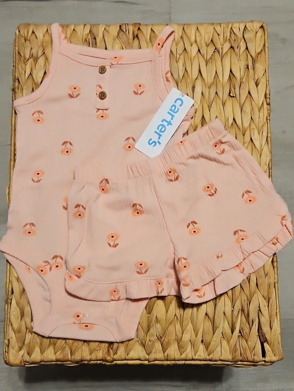 Carter's Peach Pink Floral Ribbed Tank Bodysuit & Ruffle Shorts Set